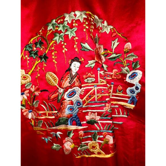 VINTAGE 40's-60's BAI HUA CHINESE SILK RAYON EMBROIDERED ROBE ANTIQUE ART - Picture 6 of 9